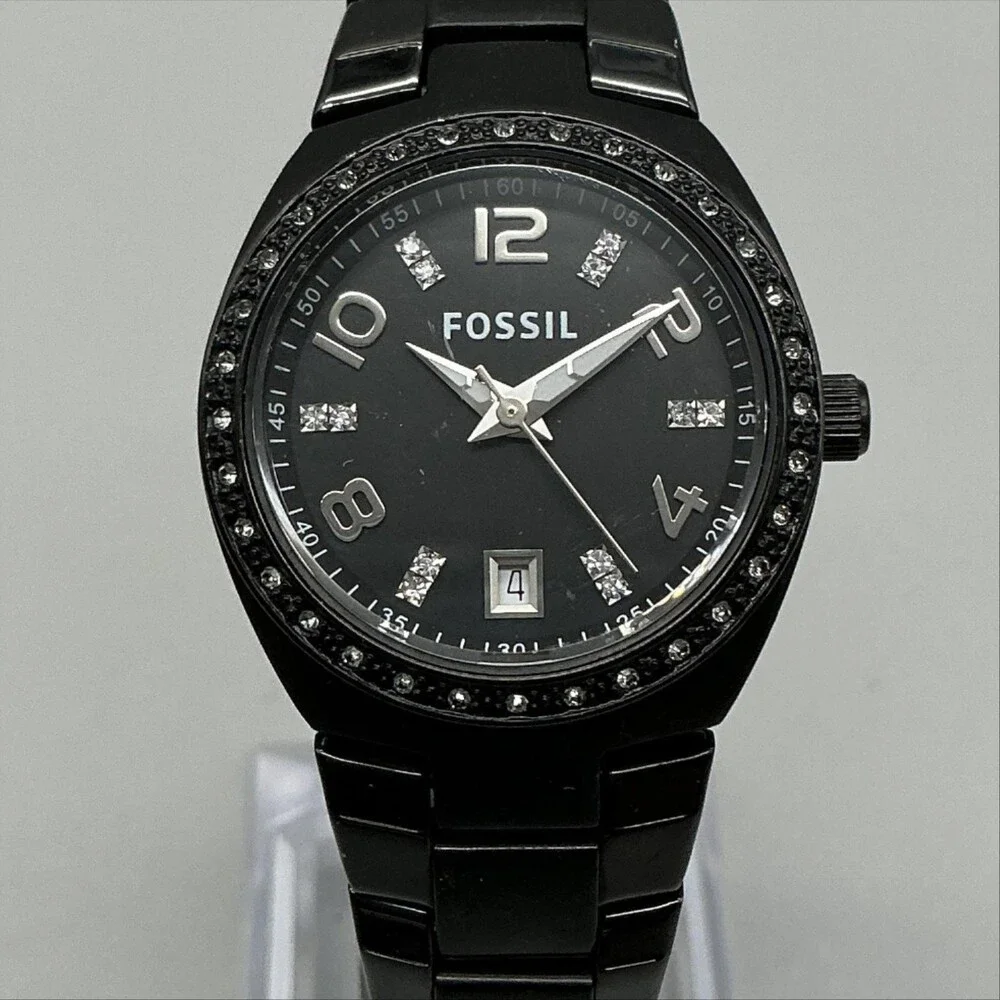 Fossil Womens Watch 28mm Black Dial Stainless Crystals Date New Battery 6.75